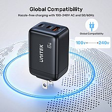 ���� ��� ����  UNITEK Zeno 65W 3-Port GaN Wall Charger.